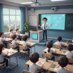 1 bạn nam đứng thuyết trình trên bục giảng , các học sinh chăm...