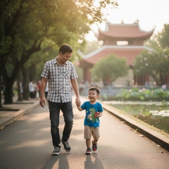 con trai tôi đi chơi với bố . Với đặc điểm phong cách thực tế ....