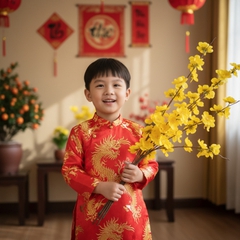 Bé trai mặc áo dài đỏ, tay cầm hoa mai. . Với đặc điểm phong cách...