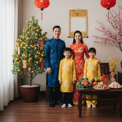 Một gia đình mặc áo dài truyền thống tươi cười trước không...