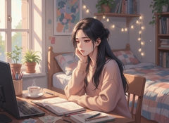 cô gái trẻ thất nghiệp, ngồi trên bàn làm việc của phòng ngủ,...