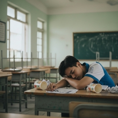 con người tỏ vẻ căng thẳng và mêt mỏi trên bàn học ở trường...