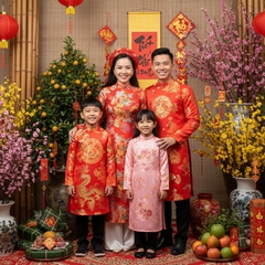 Một gia đình mặc áo dài truyền thống tươi cười trước không...