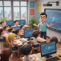 Tạo ảnh lớp học tin học gôm thầy giáo và các bạn học sinh đang...