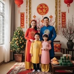 Một gia đình mặc áo dài truyền thống tươi cười trước không...