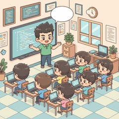Tạo ảnh lớp học tin học gôm thầy giáo và các bạn học sinh đang...