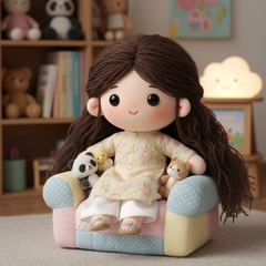 tạo một cô gái đang ngồi trên ghế và thả tóc. Với đặc điểm...