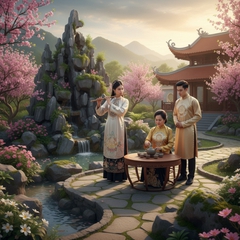 phong cách cung đình xưa..con gái đứng thổi tiêu,Mẹ ngồi bên...