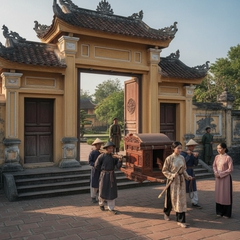 bốn người khiêng kiệu về tới cổng phủ.nữ tử tay cầm roi...