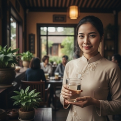 Hình ảnh một người phục vụ cầm ly nước ấm . Với đặc...