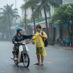 hai bạn trẻ châu á đang chạy xe máy ngoài đường thì gặp trời...