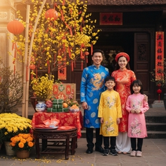 Một gia đình mặc áo dài truyền thống tươi cười trước không...