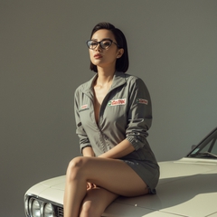 1 nhân vật nữ đẹp đeo kính và tóc mullet có dáng sexy ngồi lên mui...