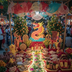 tạo cho tôi 1 ảnh bàn trang trí gian hàng ngày tết độc lạ sáng...