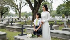 Trong một nghĩa trang công giáo, sạch sẽ, gọn gàng. hai mẹ con...