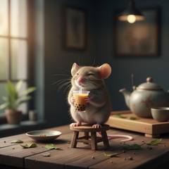 Con chuột đang uống trà sữa . Với đặc điểm phong cách thực tế...