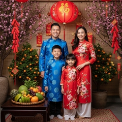 Một gia đình mặc áo dài truyền thống tươi cười trước không...