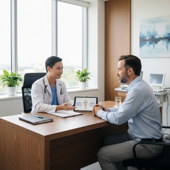 Professional doctor consulting adult male patient in clean clinic, healthcare...