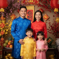 Một gia đình mặc áo dài truyền thống tươi cười trước không...