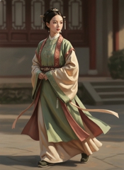 A 14-year-old Qing Dynasty noble girl captured in a graceful mid-motion pose,...