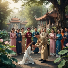trong hoa viên  chung quanh có nhiều người ,
hán tử cúi xuống đỡ...