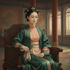 A 14-year-old Qing Dynasty noble girl seated gracefully on a carved wooden chair...