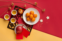 Quýt, cam, bao lì xì, trà bánh , ngày tết, trang trí tết,  58 Tangerines, oranges, red envelopes, tea and cakes, Tet holiday, Tet decorations -  Twomeows_FP