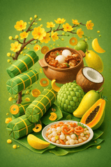 Thịt kho tàu, bánh tét, dưa món, mâm ngũ quả, hoa mai, đu đủ, dừa, xoài, mãng cầu, braised pork with eggs, cylindrical glutinous rice cake, pickled vegetables, five fruit tray