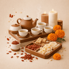Bộ ấm trà, trà nóng, mứt gừng, hạt dưa, hoa cúc vạn thọ, nến, tĩnh vật, ấm cúng, thư giãn, tea set, hot tea, candied ginger, melon seeds, marigold, candles, still life, cozy, relax