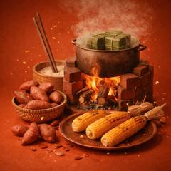 Nấu bánh chưng, bếp củi, ngô nướng, khoai lang, khói, lửa, truyền thống, nông thôn, ấm áp, cooking sticky rice cake, wood stove, grilled corn, sweet potato, smoke, fire