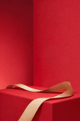 Bục vuông đỏ, dải lụa vàng, góc tường, tối giản, sang trọng, trưng bày, đỏ, red square podium, golden ribbon, corner, minimalist, luxury, display, red