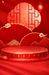 Bục tròn đỏ, quạt giấy, mây ngũ sắc, cửa sổ tròn, pháo hoa, đèn lồng, tết cổ truyền, trang trí, red round podium, paper fan, lucky clouds, moon gate, fireworks, lantern, traditional tet, decoration