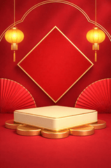 Bục trưng bày, hình bông hoa, đèn lồng, quạt giấy, khung hình thoi, nền đỏ, vàng kim, tết nguyên đán, podium, flower shape, lantern, paper fan