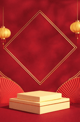 Bục trưng bày, hình vuông, đèn lồng, quạt giấy, khung hình thoi, nền đỏ, tối giản, tết nguyên đán, podium, square, lantern, paper fan, diamond frame, red background, minimalist, lunar new year