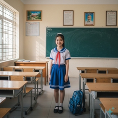 một cô bé học lớp 8 rất dễ thương  đang đứng trước lớp. . Với đặc điểm phong cách thực tế ....