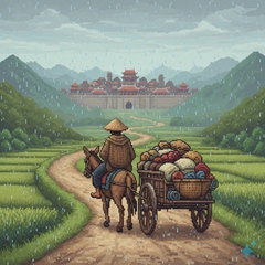Có 1 thương nhân ngồi trên con la chở hàng hóa trên xe kéo gỗ trên đường mòn tiến đến...