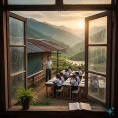 ảnh nhìn qua khung cửa sổ và thấy thầy giáo đang giảng bài ở vùng núi . Với đặc điểm...