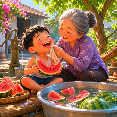 Buổi trưa, bà nội làm món dưa hấu để trong bể nước giếng. Tí bổ một miếng to tướng, nước...