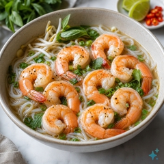 Hãy tạo cho tôi một hình ảnh bao gồm 8 con tôm chính và những sợi mì . Với đặc điểm phong...