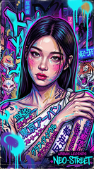 Create a high-detail portrait poster in a bold Japanese graffiti-inspired...