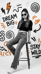 Chân dung studio BW siêu thực, 8K. Nhân vật ở ảnh đính kèm mặc croptop đen, áo phông...