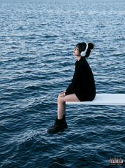 A square-format album-cover scene of alone subject [person in the image] sitting...