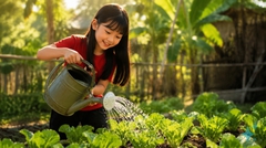 "

️ HÌNH 3: Tưới nước cho rau
Prompt

Mai, 12-year-old Vietnamese girl,...