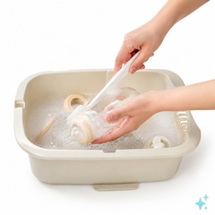 hình ảnh bàn tay đang rửa bình sữa cho bé, nền trắng, thêm cả chậu rửa bình sữa cho bé,...