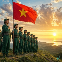 Chủ thể: Một nhóm chiến sĩ trẻ, mặc đồng phục, tay cầm cờ Tổ quốc, đứng tư thế ngang...