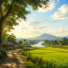 Mô tả hình ảnh: Một khung cảnh làng quê Việt Nam thanh bình với những cánh đồng lúa...