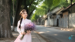 Cô gái mặc áo dài màu trắng hồng nhạt tóc tết bím đuôi sam một bên, ôm bó hoa violet tím,...