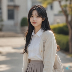 22-year-old female college student, oval face, fair skin, long black hair with...