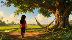 Mai, cô bé người Việt Nam 12 tuổi, tóc mái đen, tóc dài đen, áo đỏ, quần đen, đang đi về...