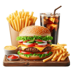 Thức ăn nhanh, burger, khoai tây chiên, nước ngọt